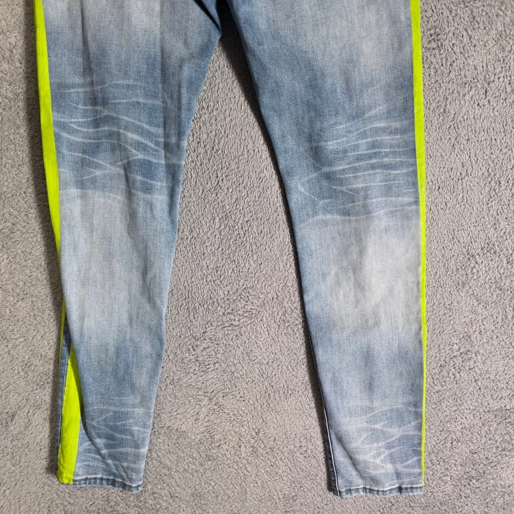 Amiri Mens 38 MX1 Distressed Jeans Light Blue Neon Yellow Stripe Paint Splatter
